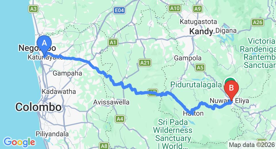 Driving route map: Colombo Airport (CMB) to Calamander Lake Gregory, Nuwara Eliya (154 km, approx 4 h 43 min private transfer)