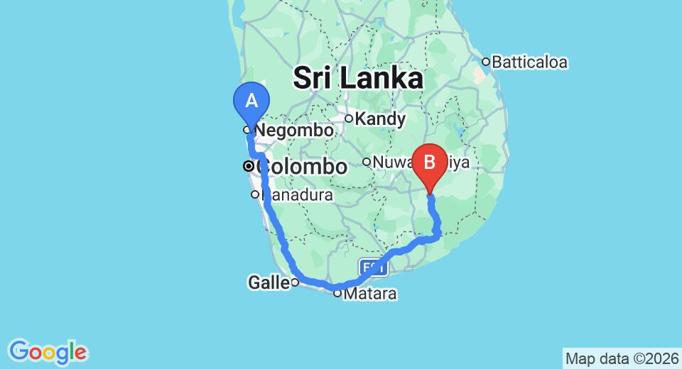 Driving route map: Colombo Airport (CMB) to Mid Count Rest, Galapita (320 km, approx 4 h 22 min private transfer)