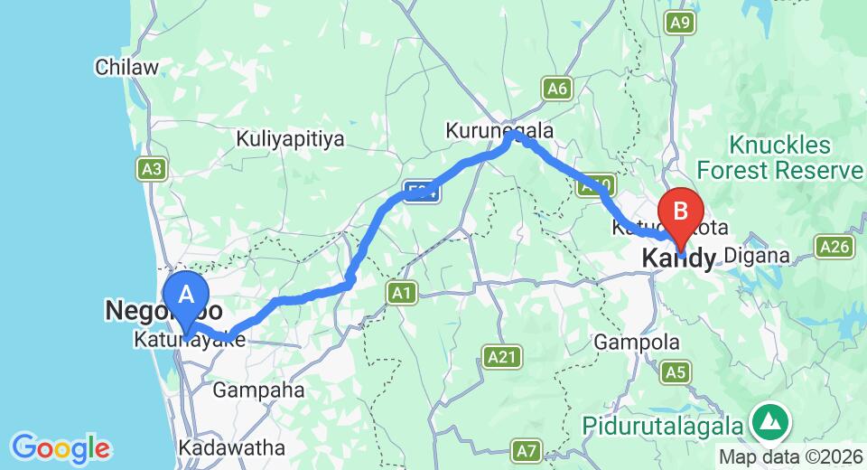 Driving route map: Colombo Airport (CMB) to Glass House Kandy, Kandy (113 km, approx 2 h 49 min private transfer)