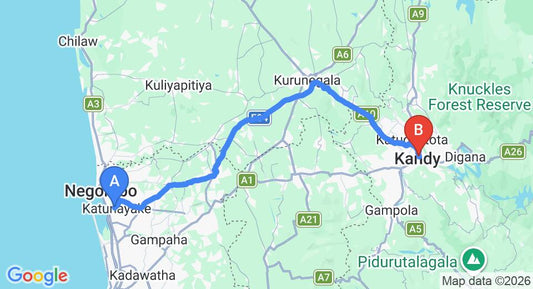 Driving route map: Colombo Airport (CMB) to Glass House Kandy, Kandy (113 km, approx 2 h 49 min private transfer)