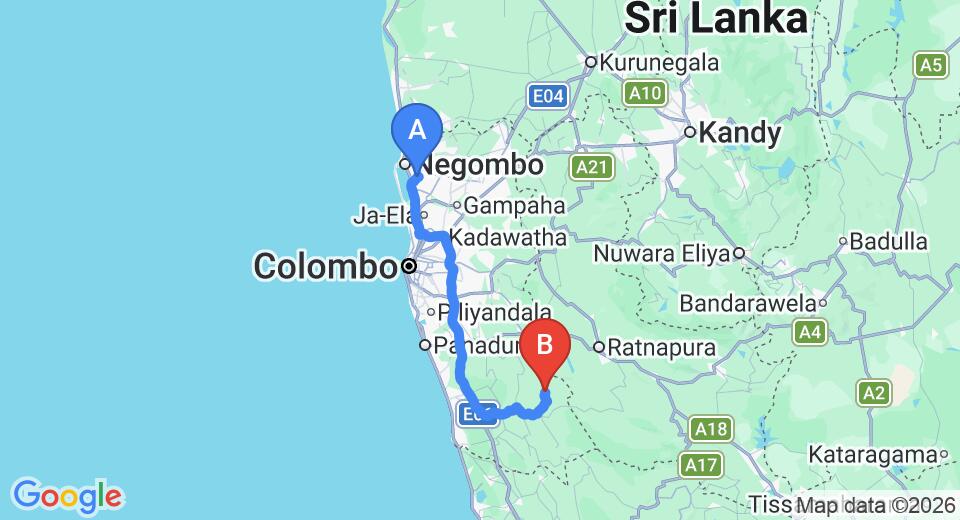 Driving route map: Colombo Airport (CMB) to Laya Leisure, Mathugama (116 km, approx 2 h 2 min private transfer)