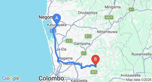 Driving route map: Colombo Airport (CMB) to Demalagama (45 km, approx 1 h 3 min private transfer)
