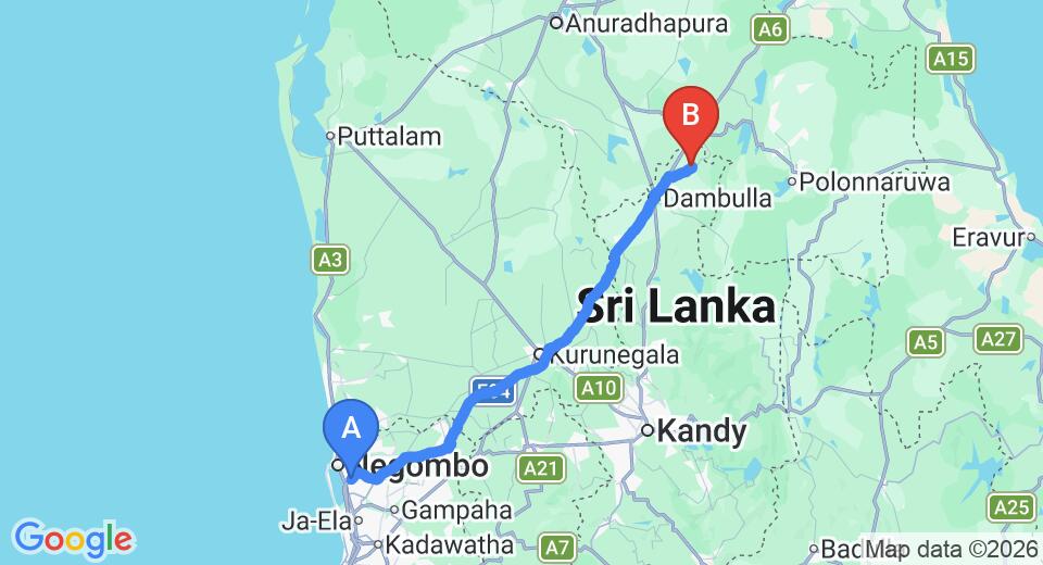 Driving route map: Colombo Airport (CMB) to Thathsara Holiday Inn, Sigiriya (144 km, approx 3 h 10 min private transfer)