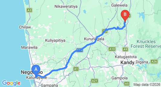 Driving route map: Colombo Airport (CMB) to Kinigama (115 km, approx 2 h 41 min private transfer)