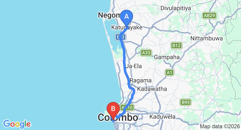 Driving route map: Colombo Airport (CMB) to Emperor Residencies, Colombo (36 km, approx 50 min private transfer)