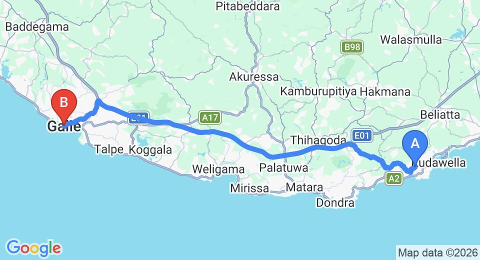 Driving route map: Dikwella to Galle (62 km, approx 1 h 11 min private transfer)