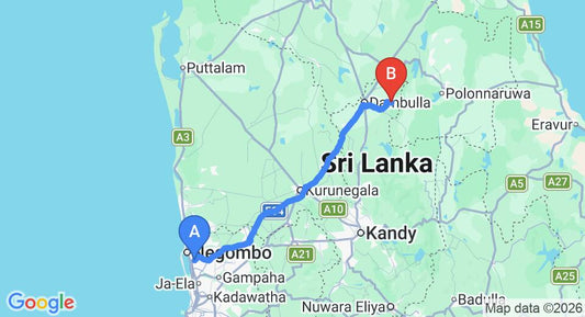 Driving route map: Colombo Airport (CMB) to Eco Team Safari Camps Wilpattu (Pvt) Ltd, Wilpattu (146 km, approx 3 h 14 min private transfer)