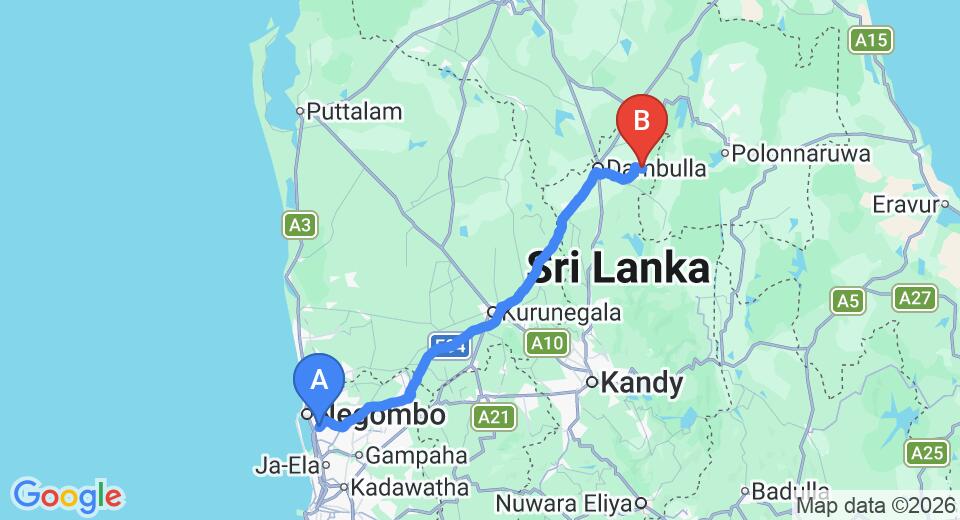 Driving route map: Colombo Airport (CMB) to Mihidum Piyasa, Haldummulla (146 km, approx 3 h 14 min private transfer)