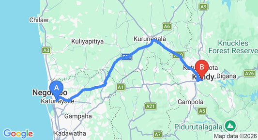 Driving route map: Colombo Airport (CMB) to Hanthana House, Kandy (116 km, approx 3 h 1 min private transfer)