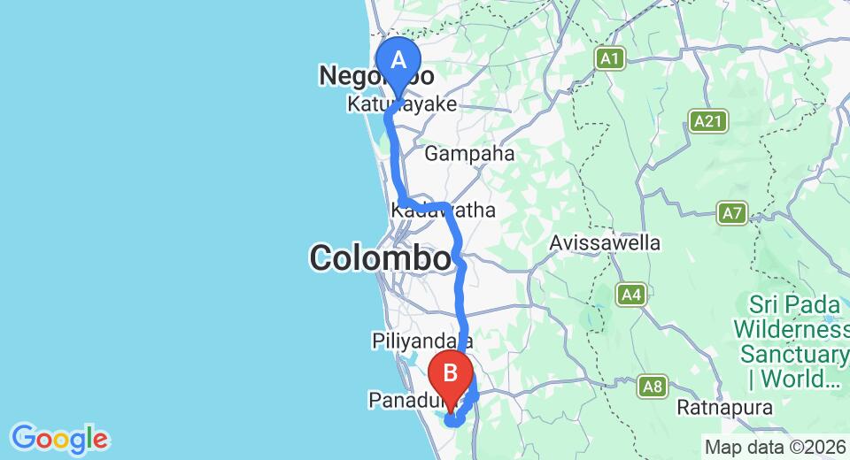 Driving route map: Colombo Airport (CMB) to Purple Coot Ayurveda Retreat, Wadduwa (74 km, approx 1 h 22 min private transfer)