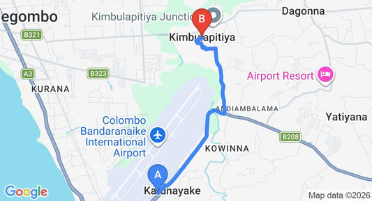 Driving route map: Colombo Airport (CMB) to Kimbulapitiya (5 km, approx 14 min private transfer)