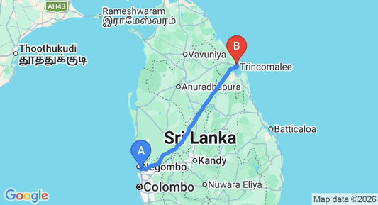 Driving route map: Colombo Airport (CMB) to So-J Beach Villa, Trincomalee (238 km, approx 4 h 49 min private transfer)