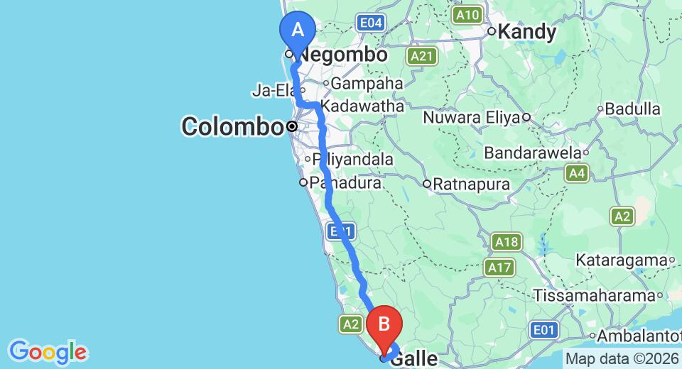 Driving route map: Colombo Airport (CMB) to The Sun House, Galle (153 km, approx 2 h 11 min private transfer)