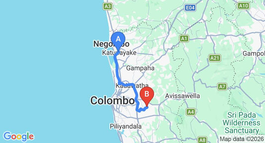 Driving route map: Colombo Airport (CMB) to Dedigamuwa (52 km, approx 58 min private transfer)