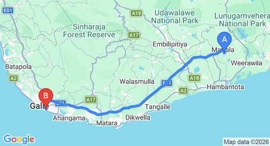 Driving route map: Mattala (HRI) Airport to Unawatuna (116 km, approx 1 h 31 min private transfer)