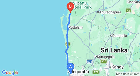 Driving route map: Colombo Airport (CMB) to Aanawila Bungalow, Wilpattu (137 km, approx 3 h 20 min private transfer)