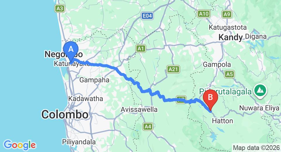 Driving route map: Colombo Airport (CMB) to Pine Forest Inn Holiday Bungalow, Watawala (105 km, approx 3 h 12 min private transfer)