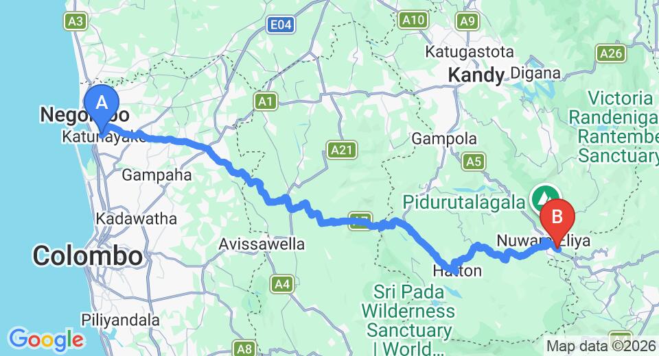 Driving route map: Colombo Airport (CMB) to Blue Wing Inn, Nuwara Eliya (157 km, approx 4 h 50 min private transfer)