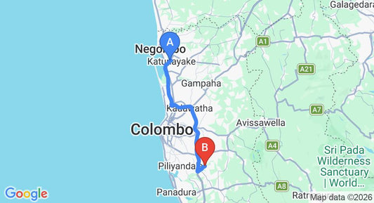 Driving route map: Colombo Airport (CMB) to Kiriwattuduwa (59 km, approx 1 h 0 min private transfer)