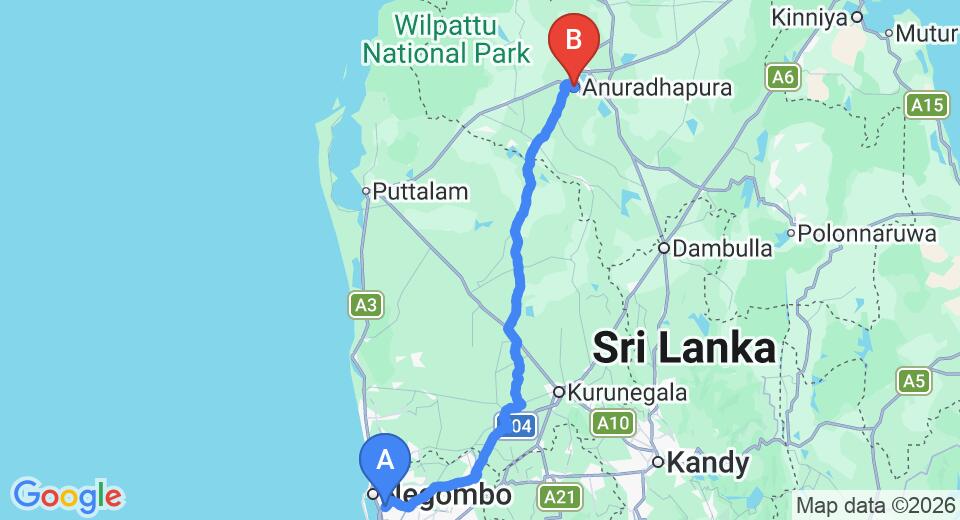 Driving route map: Colombo Airport (CMB) to Ceylan Lodge, Anuradhapura (174 km, approx 3 h 45 min private transfer)
