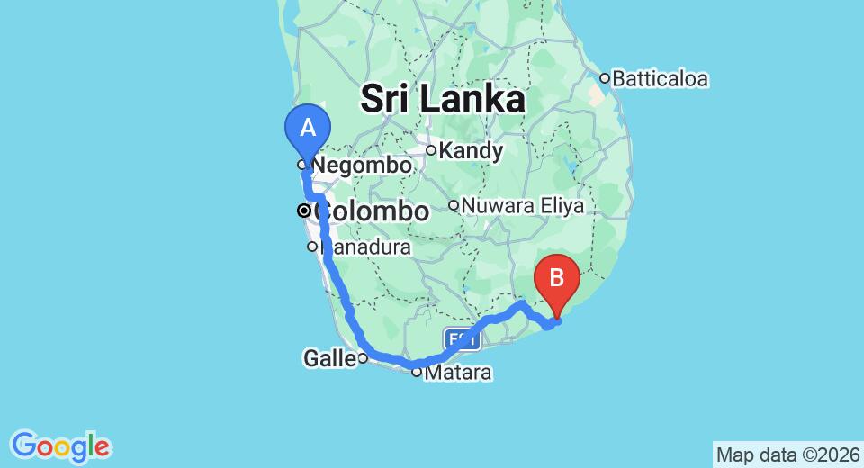 Driving route map: Colombo Airport (CMB) to Cinnamon Wild, Yala (299 km, approx 4 h 21 min private transfer)