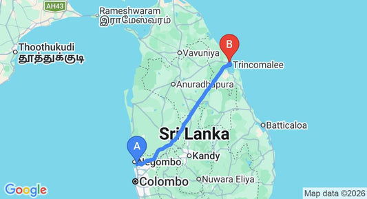 Driving route map: Colombo Airport (CMB) to Colombo Airport (CMB) to Sea Lagoon Beach, Trincomalee Private Transfer (238 km, approx 4 h 50 min private transfer)