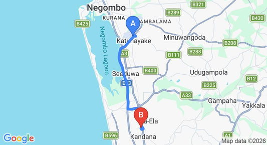 Driving route map: Colombo Airport (CMB) to Michael's Place, Kandana (17 km, approx 26 min private transfer)