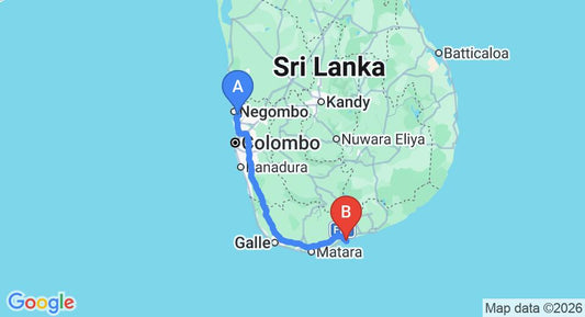 Driving route map: Colombo Airport (CMB) to Bamboo Bungalow in Ayurvedic Retreat, Tangalle (222 km, approx 3 h 2 min private transfer)