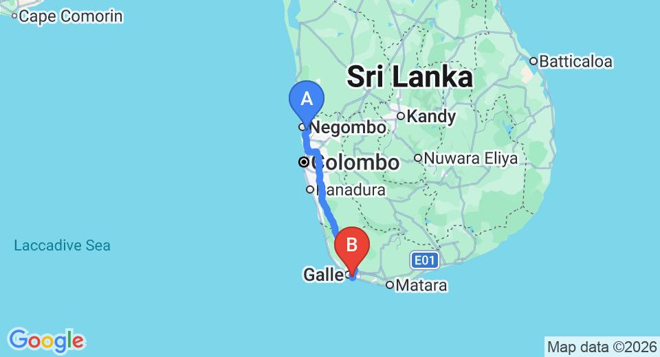 Driving route map: Colombo Airport (CMB) to Rock View Guesthouse, Unawatuna (153 km, approx 2 h 12 min private transfer)