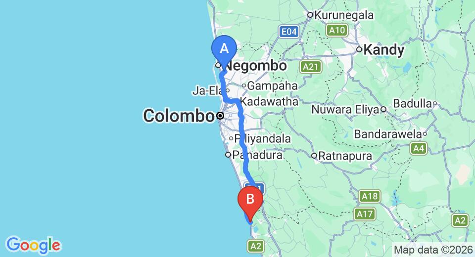 Driving route map: Colombo Airport (CMB) to Sceir Thurtair, Kosgoda (118 km, approx 1 h 54 min private transfer)