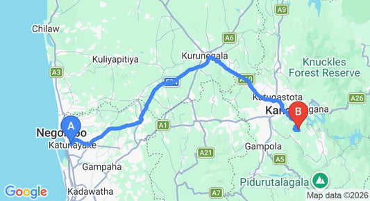 Driving route map: Colombo Airport (CMB) to Galavilla Boutique Hotel and Spa, Kandy (131 km, approx 3 h 32 min private transfer)