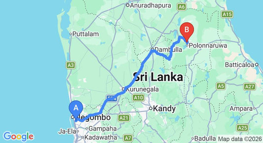 Driving route map: Colombo Airport (CMB) to EKHO Lake House, Polonnaruwa (196 km, approx 4 h 4 min private transfer)