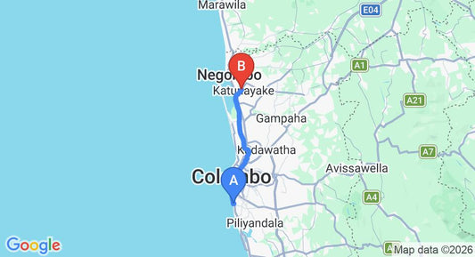 Driving route map: Dehiwala to Colombo Airport (CMB) (41 km, approx 56 min private transfer)