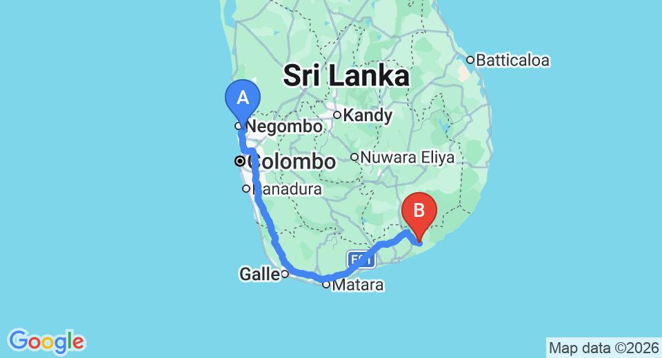 Driving route map: Colombo Airport (CMB) to Sun Sinda Hotel, Tissamaharama (279 km, approx 3 h 43 min private transfer)