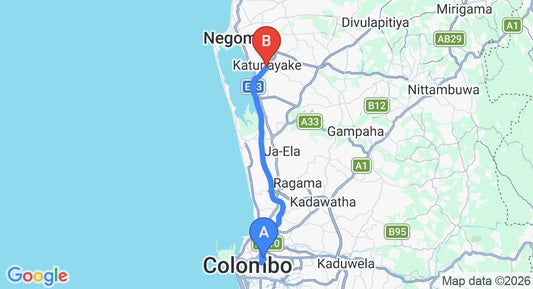 Driving route map: Dematagoda to Colombo Airport (CMB) (30 km, approx 33 min private transfer)