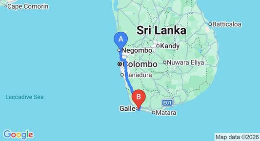 Driving route map: Colombo Airport (CMB) to Kingfisher Hotel and Restaurant, Unawatuna (153 km, approx 2 h 12 min private transfer)
