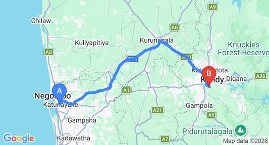 Driving route map: Colombo Airport (CMB) to Casa Blanco, Kandy (116 km, approx 2 h 58 min private transfer)