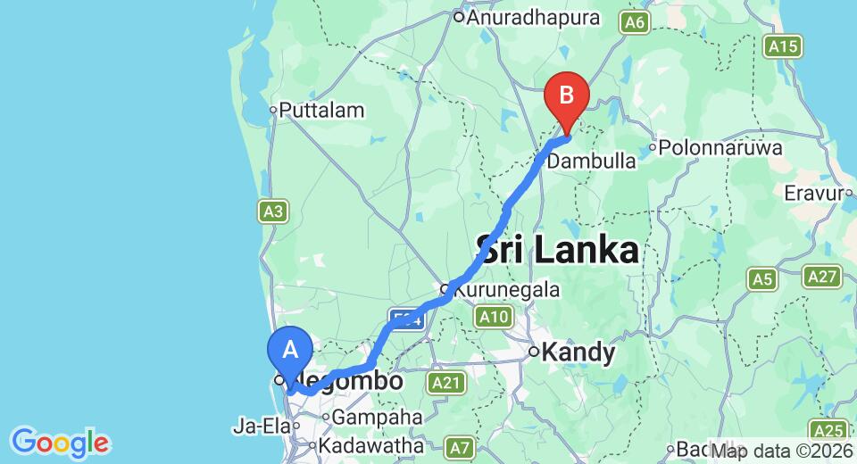 Driving route map: Colombo Airport (CMB) to Mowgli Cottage, Sigiriya (143 km, approx 3 h 7 min private transfer)