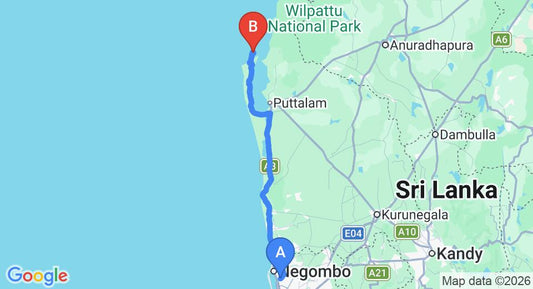 Driving route map: Colombo Airport (CMB) to Dutch Bay Resorts, Kalpitiya (147 km, approx 3 h 32 min private transfer)