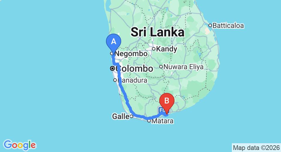 Driving route map: Colombo Airport (CMB) to Golden Coconut Cabanas, Tangalle (223 km, approx 3 h 5 min private transfer)