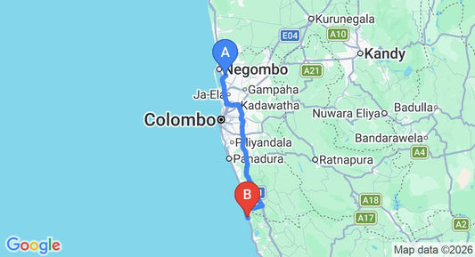 Driving route map: Colombo Airport (CMB) to Janus Paradise Rest, Induruwa (112 km, approx 1 h 46 min private transfer)