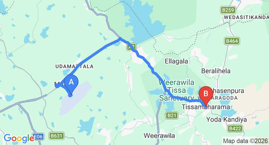 Driving route map: Mattala (HRI) Airport to Tissamaharama (30 km, approx 37 min private transfer)
