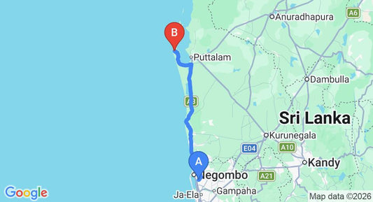 Driving route map: Colombo Airport (CMB) to Alankuda Beach Resort, Kalpitiya (122 km, approx 2 h 58 min private transfer)
