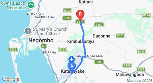 Driving route map: Colombo Airport (CMB) to Demanhandiya (7 km, approx 16 min private transfer)