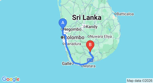 Driving route map: Colombo Airport (CMB) to Ravindu Safari House Udawalawe, Udawalawe (260 km, approx 3 h 39 min private transfer)