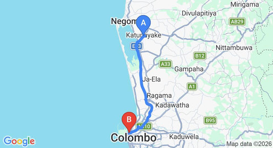 Driving route map: Colombo Airport (CMB) to Villa Vista Home, Colombo (33 km, approx 44 min private transfer)