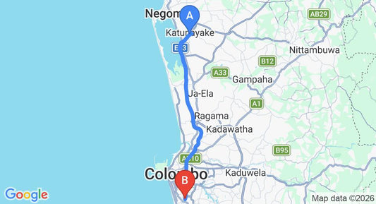 Driving route map: Colombo Airport (CMB) to Best Western Elyon Colombo, Colombo (36 km, approx 50 min private transfer)