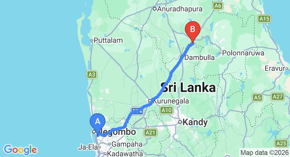 Driving route map: Colombo Airport (CMB) to Sigiri Oya Cottage, Sigiriya (148 km, approx 3 h 15 min private transfer)