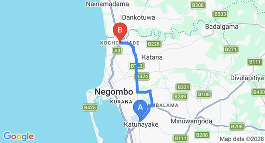 Driving route map: Colombo Airport (CMB) to Kochchikade (16 km, approx 34 min private transfer)