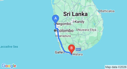 Driving route map: Colombo Airport (CMB) to Amaloh by Jetwing, Matara (184 km, approx 2 h 32 min private transfer)